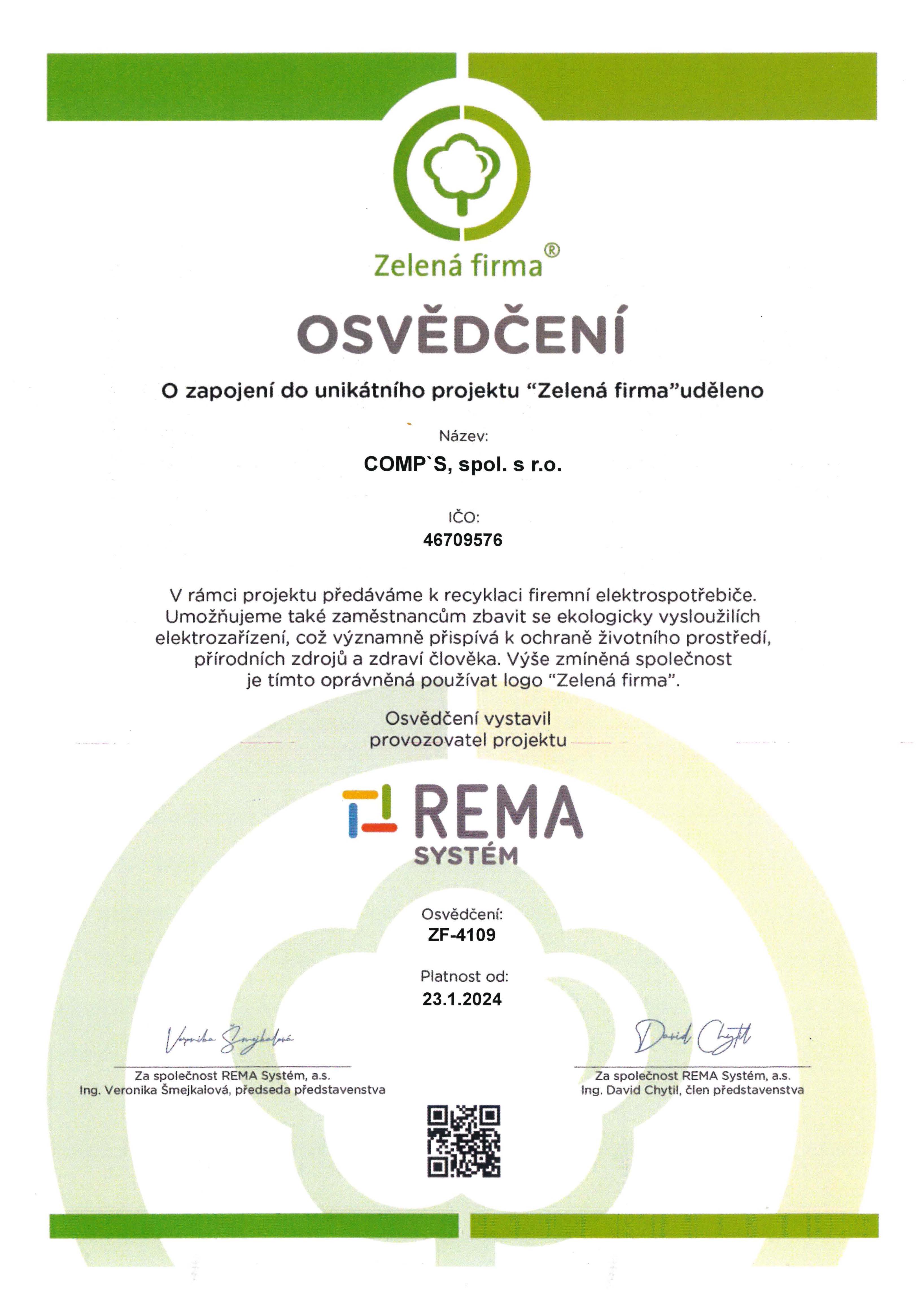 Osvědčení ZELENÁ FIRMA